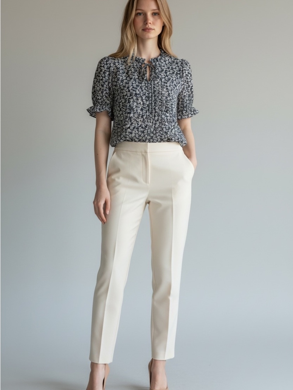J. Crew Navy and White Floral Tie-Front Short Sleeve Blouse